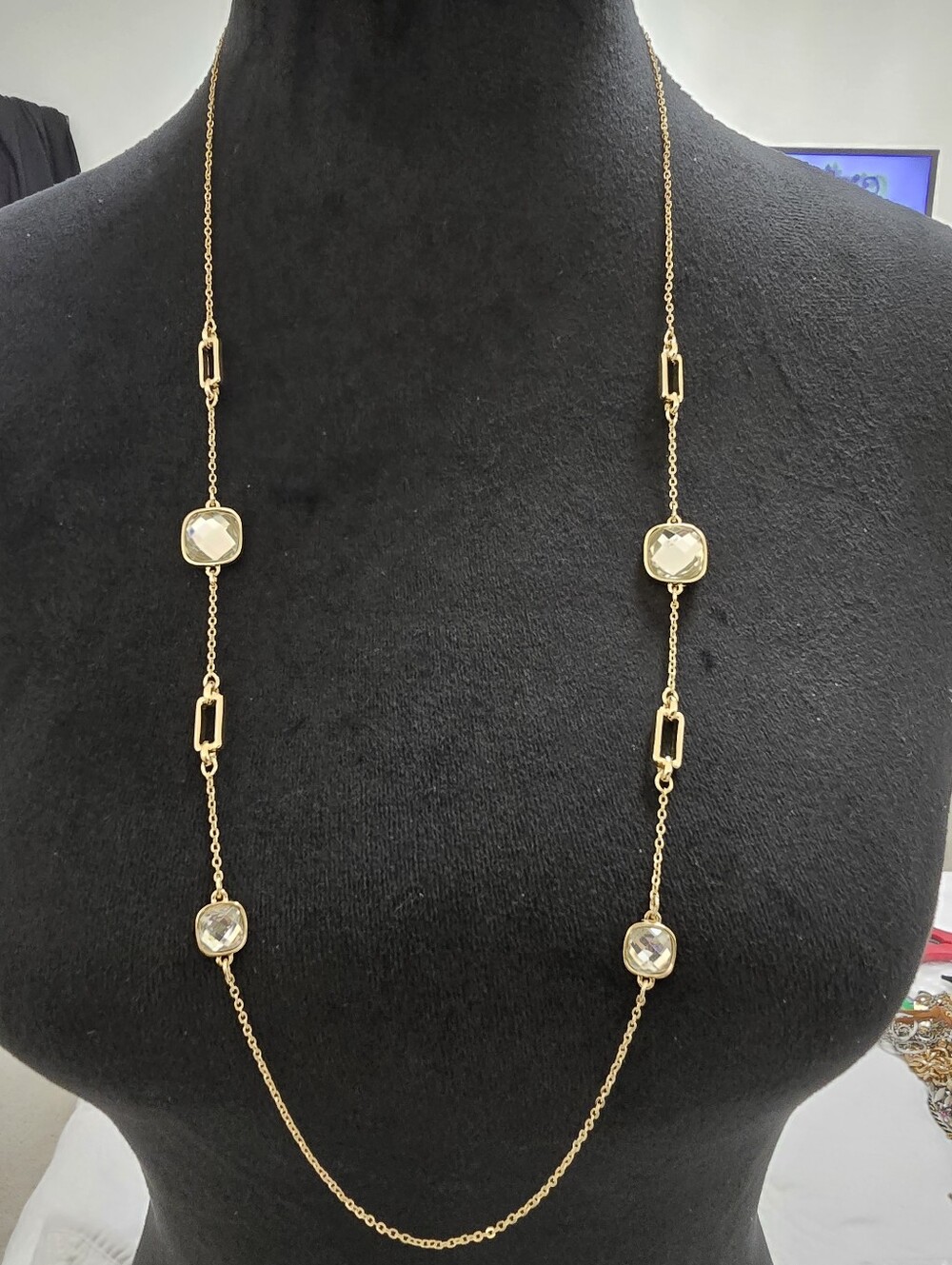 Ann Taylor Factory Gold Long Necklace with Clear Stones and Geometric Accents